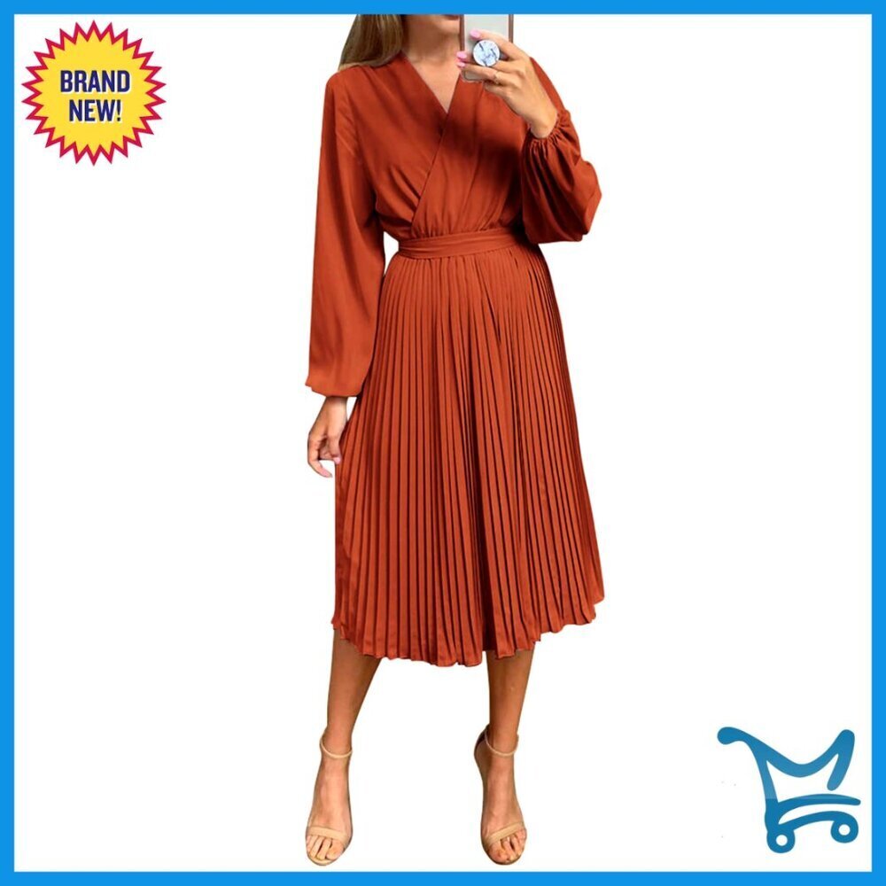 Women's Midi Dress Long Puff Sleeve Wrap V Neck Flowy Ruffle Pleated Casual